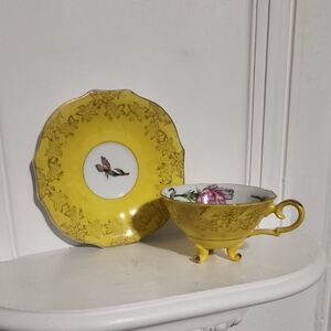 Tea Cup & Saucer Yellow Hand Painted Gold Accents Flowers vintage gorgeous